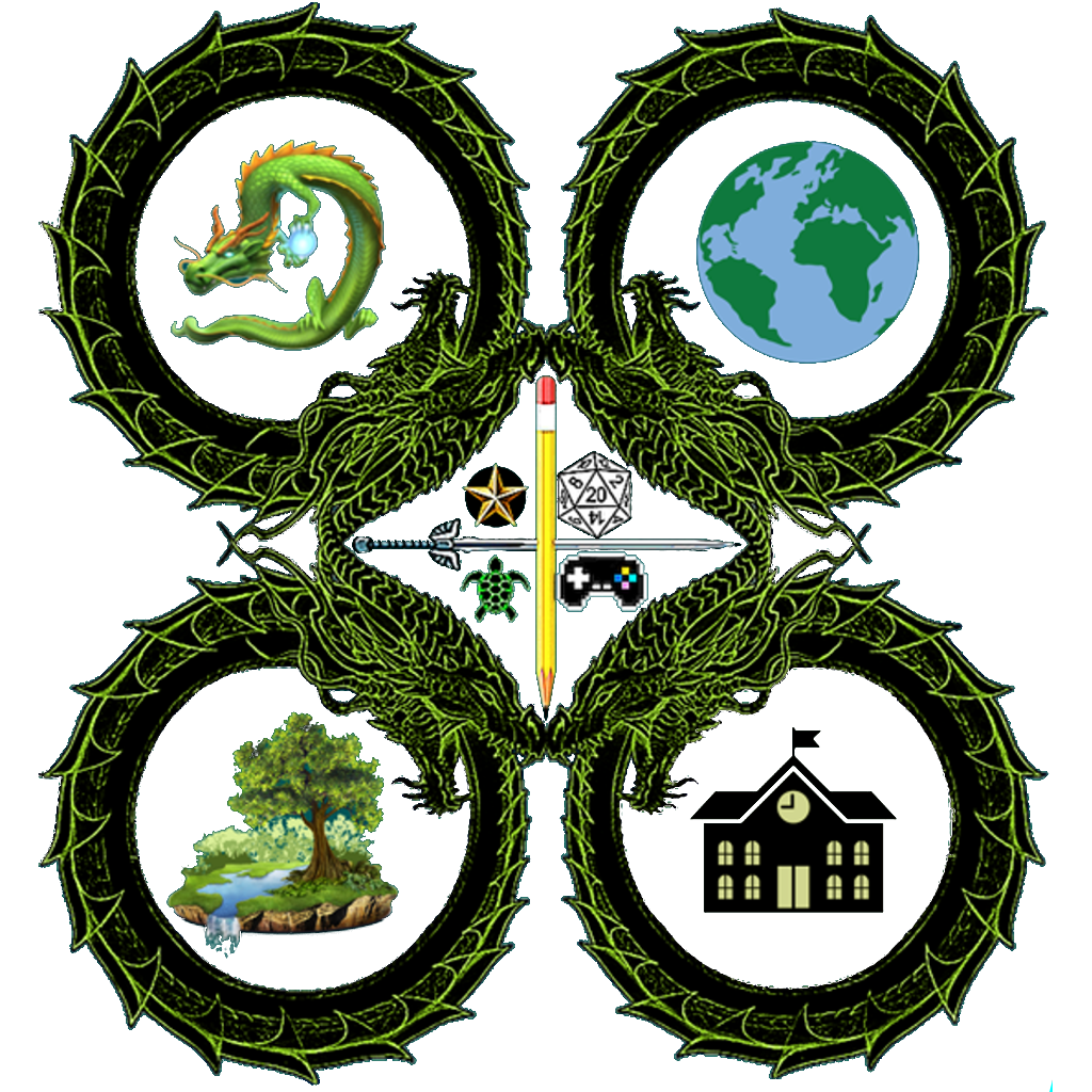 Dragon World Nature School seal — four ouroboros dragons enclosing earth, cedar, schoolhouse, and a small dragon, with a central nexus